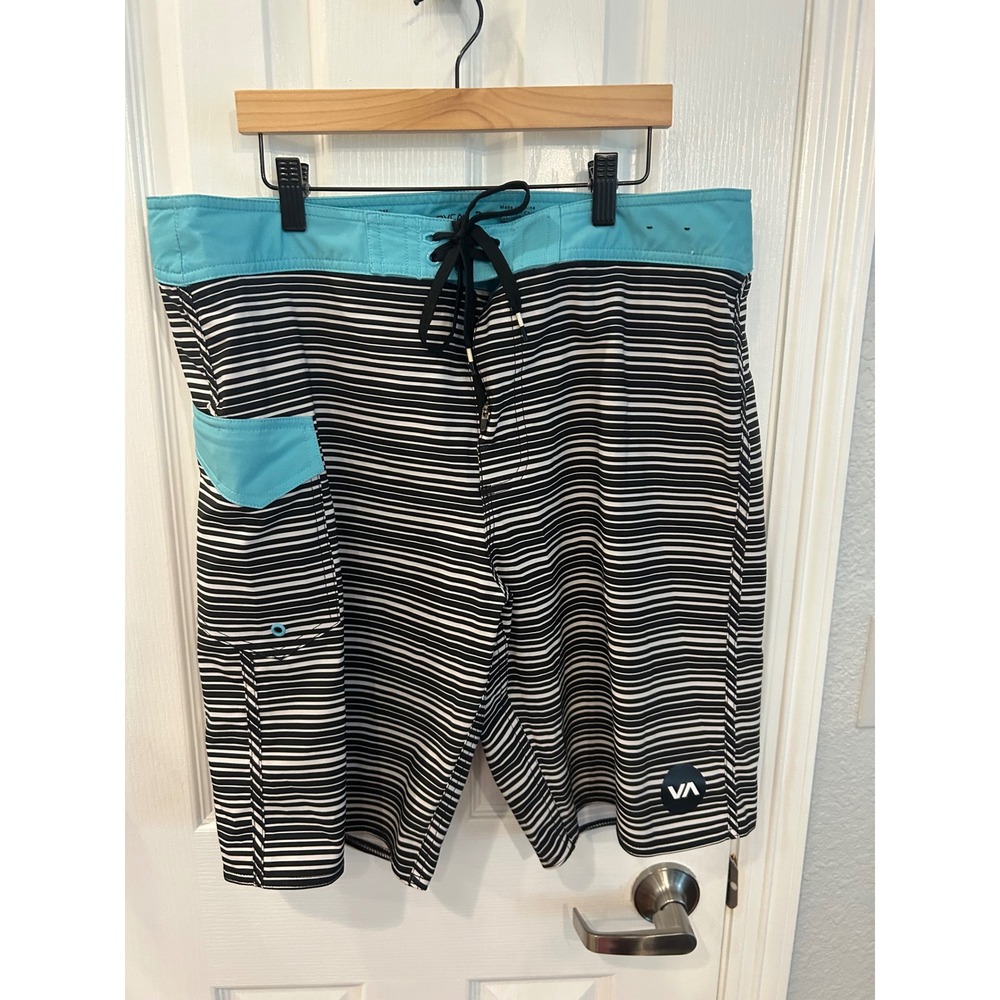 RVCA Board Shorts Black White Turquoise Striped 4-Way Stretch Swim Trunks Surf